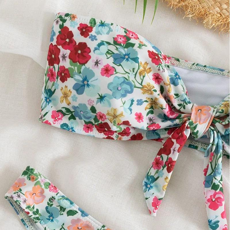 Floral Print Bandeau Bikini Set Off Shoulder Push Up Swimsuit Women Tube Top Bikinis Knot Swimwear 2025 Sexy Summer Bathing Suit