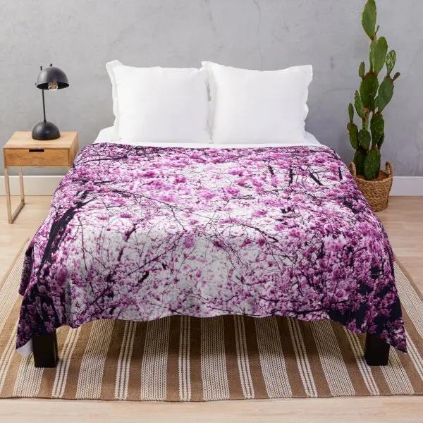 White Pink Cherry Blossom Flannel Throw Blanket Romantic Flowers King Queen Full Size For Living Room Sofa Couch Lightweight