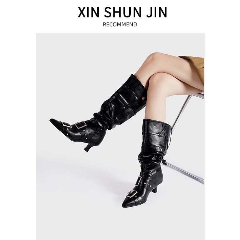 New Heavy Industry Big Tube Circumference Fashionable Stacking Boots Long Boots Pleated Fashion Retro Polished High Knight Boots
