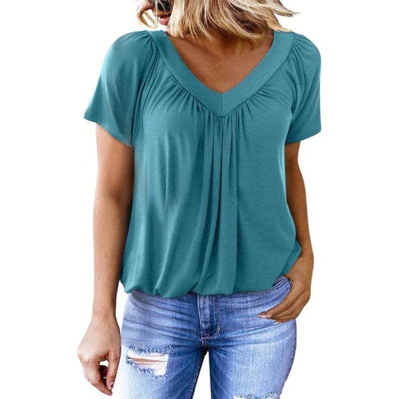 Women's Casual V-neck Short Sleeve Blouse Pleated Loose Fit Solid Color Chiffon Top