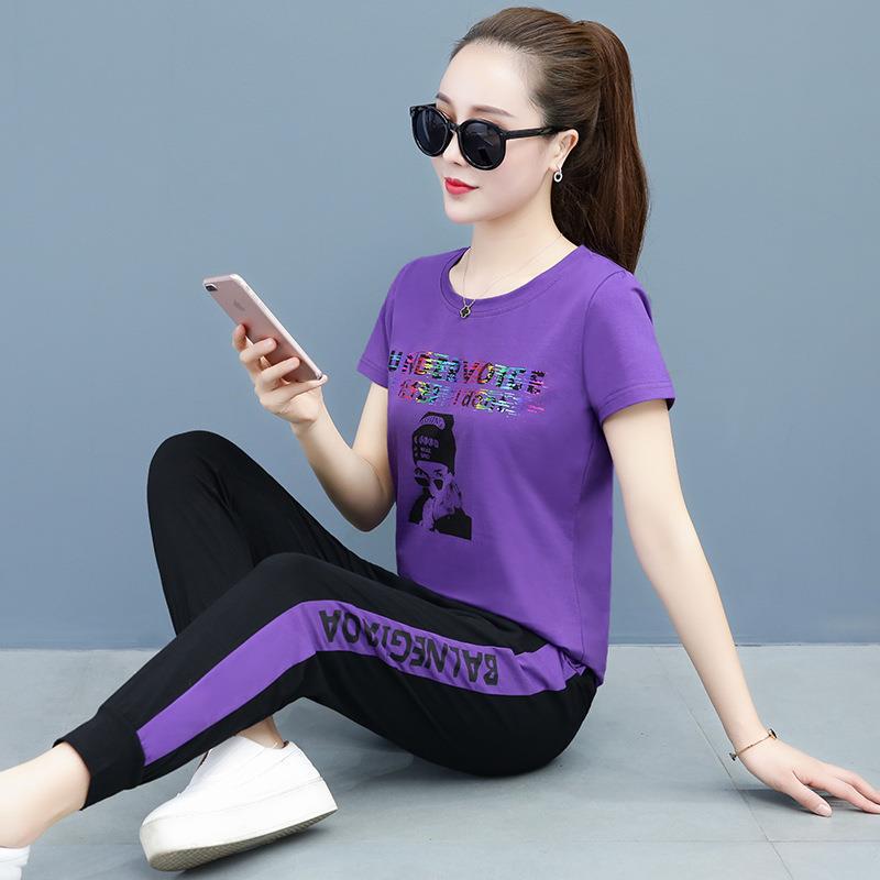 Casual Fashion Summer Sports Suit Women Korean Style Loose Female Student Short Sleeve Running Two-piece Set