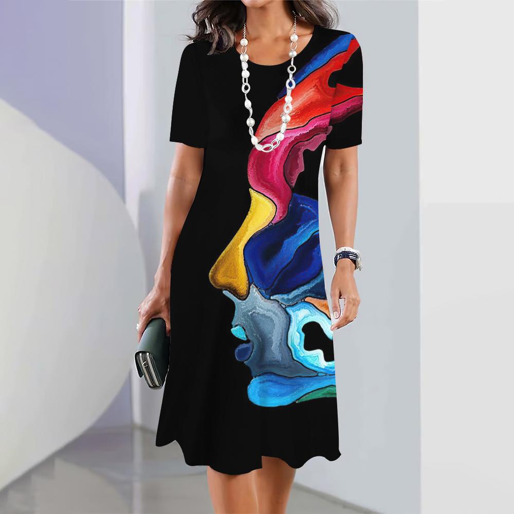 2024 New 3D Face Print Dresses For Women's Elegant Midi Dresses Summer Female Short Sleeve Dress Fashion Oversized Clothes