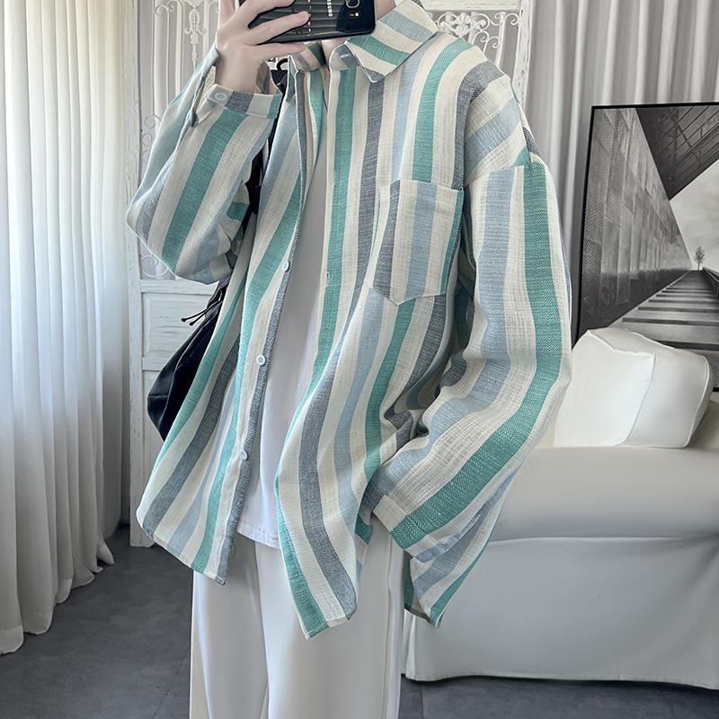 Men Long Sleeved Shirt 2025 Male Fashion Korean Loose Dress Shirt Korean Men Casual Blue Shirt Mens Striped Shirts