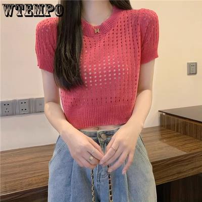 Damen Lochstrick Kurzoberteile Sommer Kurzarm T-Shirt Dünne Bluse Top Damenbekleidung Koreanisches T-Shirt
