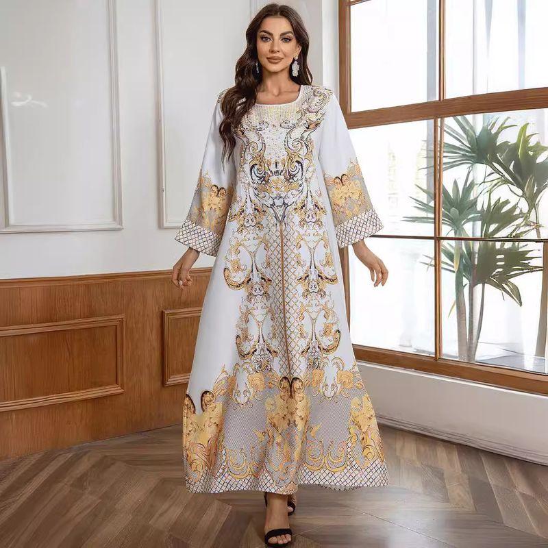 Indonesia Middle East Arab Turkey Dubai Dingzhu Printed Rhinestones Robe Gown Long Dress Dresses