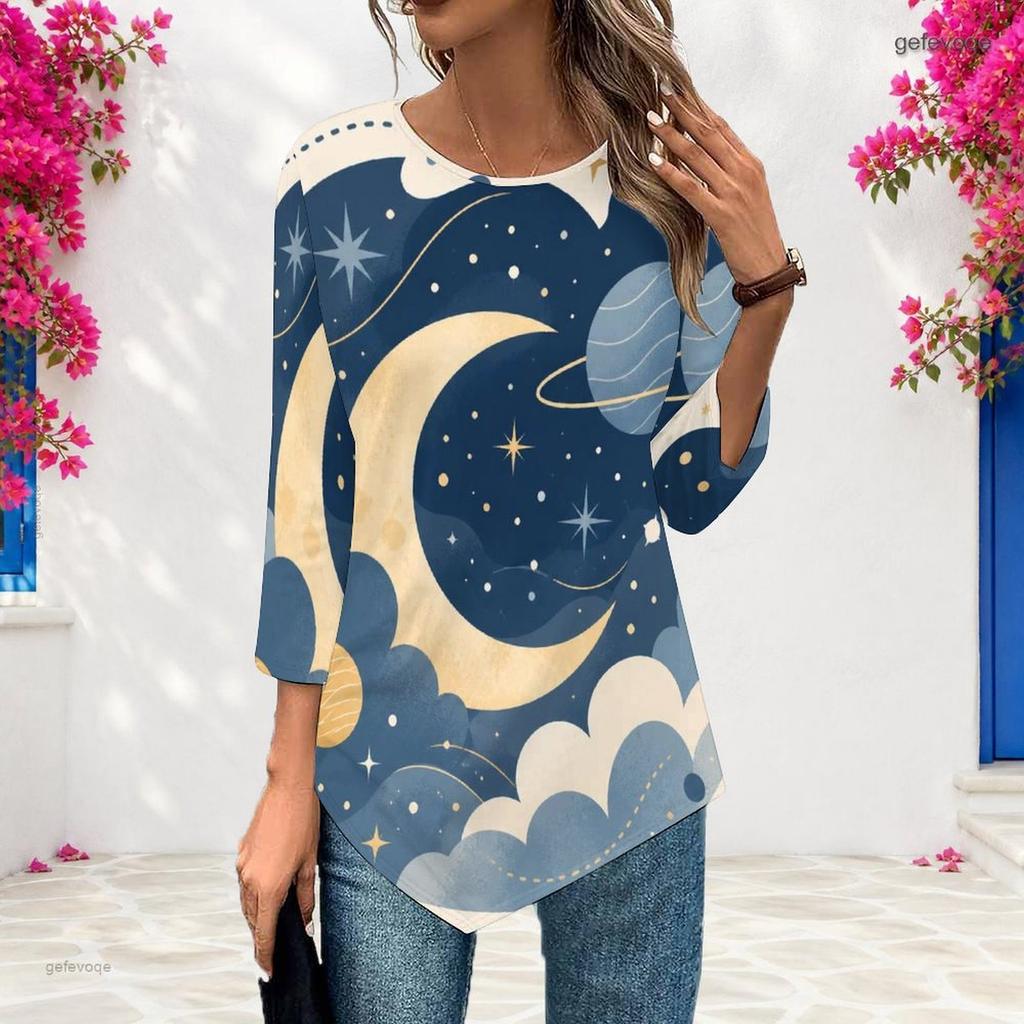 Ladies Plus Size Three Quarter Sleeve Top Pointed Hem Breathable Loose Casual For Daily Commute