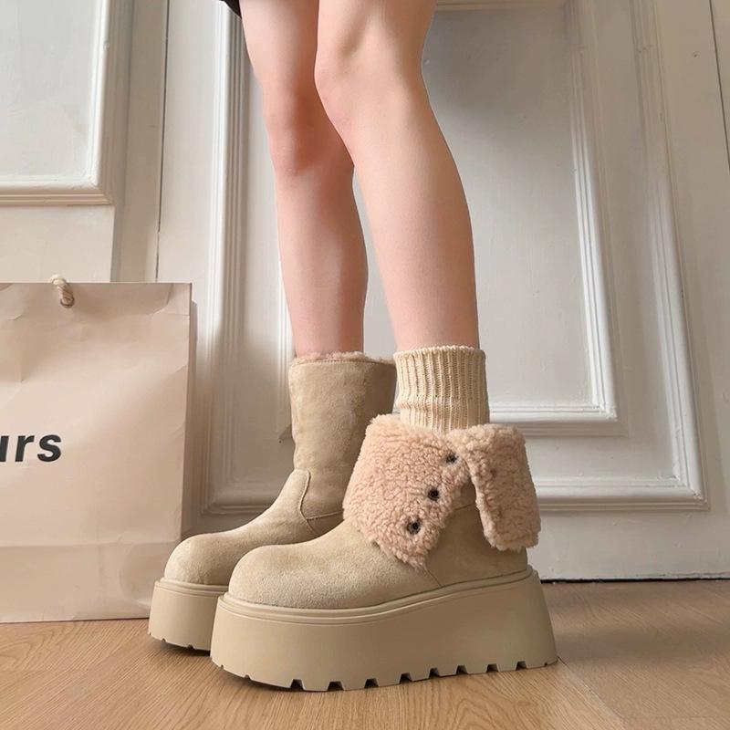 Koholversion lamullskrage två sätt att bära fluffiga snöbomullsstövlar tjock gummisula muffin små superhögklackade korta stövlar