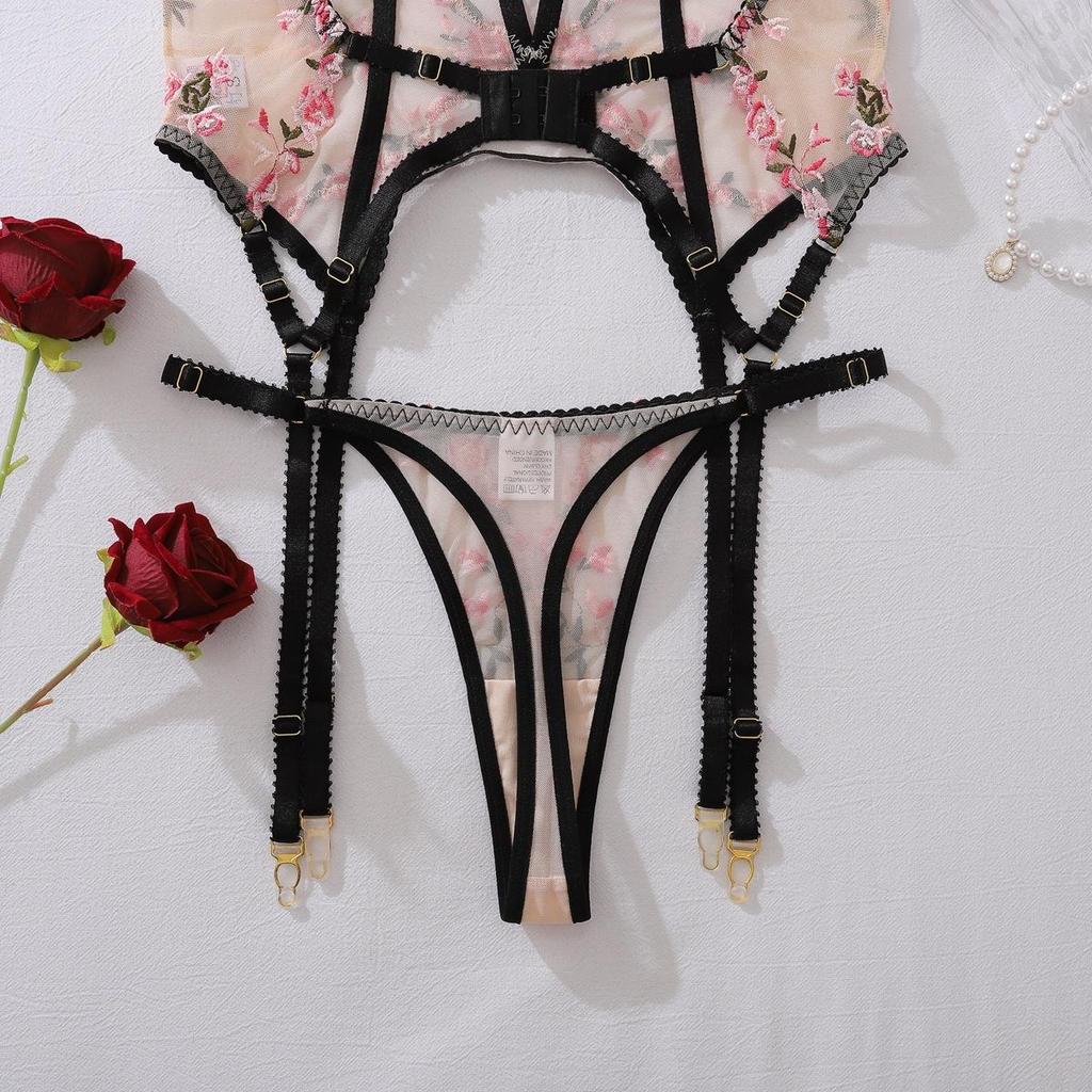 Women's Sexy Shapewear Set Floral Embroidery Mesh Spliced Lingerie Set Fashion Push-Up Waist Cincher Lingerie Set