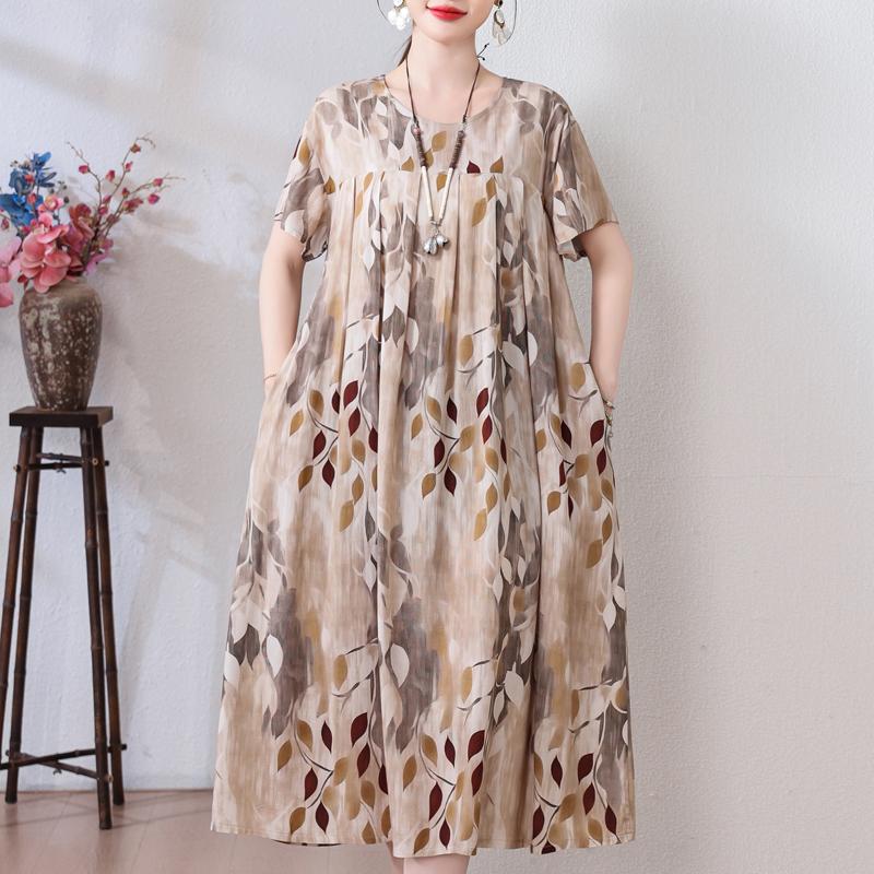 Plus Size Loose Vintage Print Langes Kleid für Damen Lässige Kurzarm-Sommer-Damenkleider