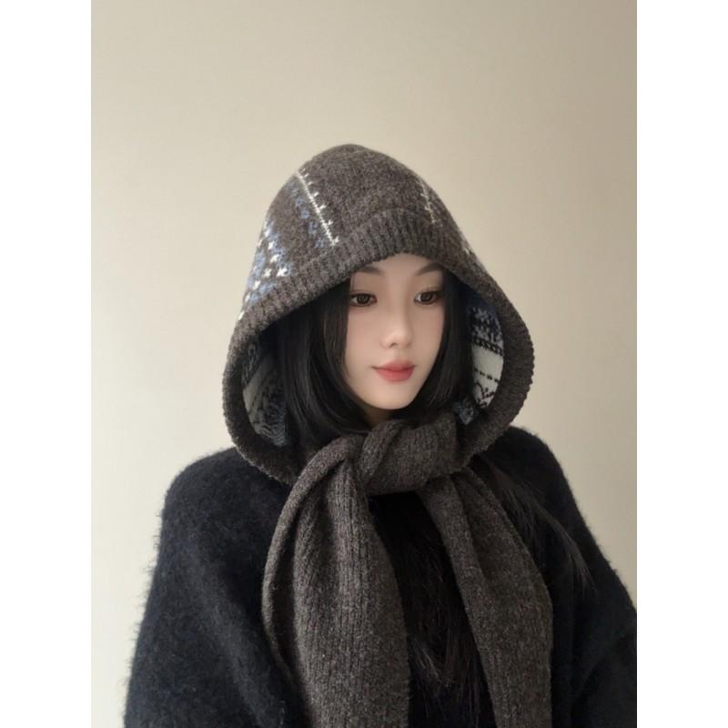 Knitted Balaclava Beanie With Scarf Combo Women Men Winter Warm Windproof Hooded Hat In Neutral Styles