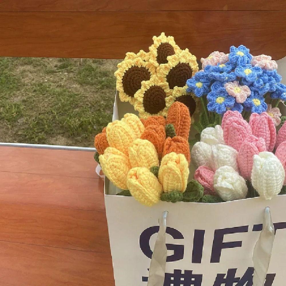House Party Decoration Flower Art Knited Flower Table Fake Flowers Vase Ornament Sunflower Bouquet