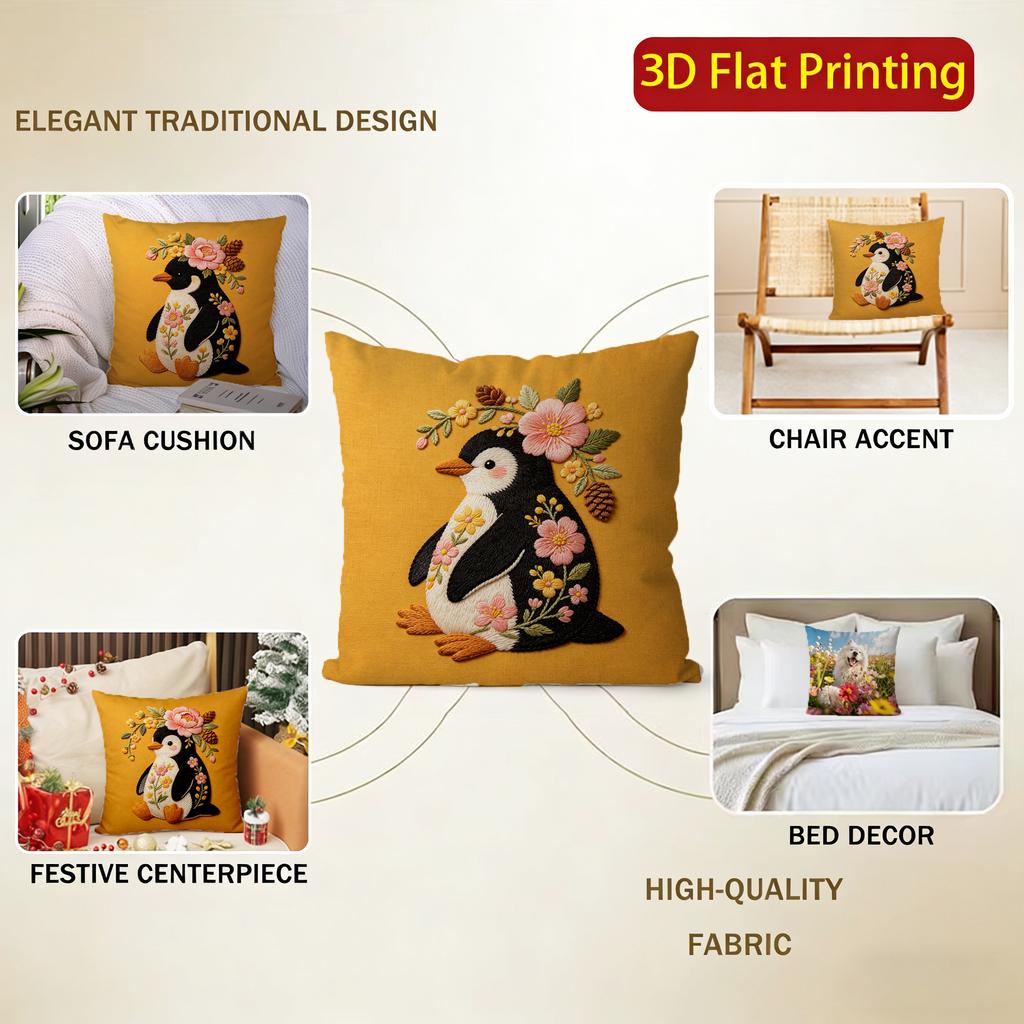 Cute Floral Penguin Embroidery Style Throw Pillow Covers Pattern Cushion Cover Suitable For Sofa Bedroom Car Pillow Cover