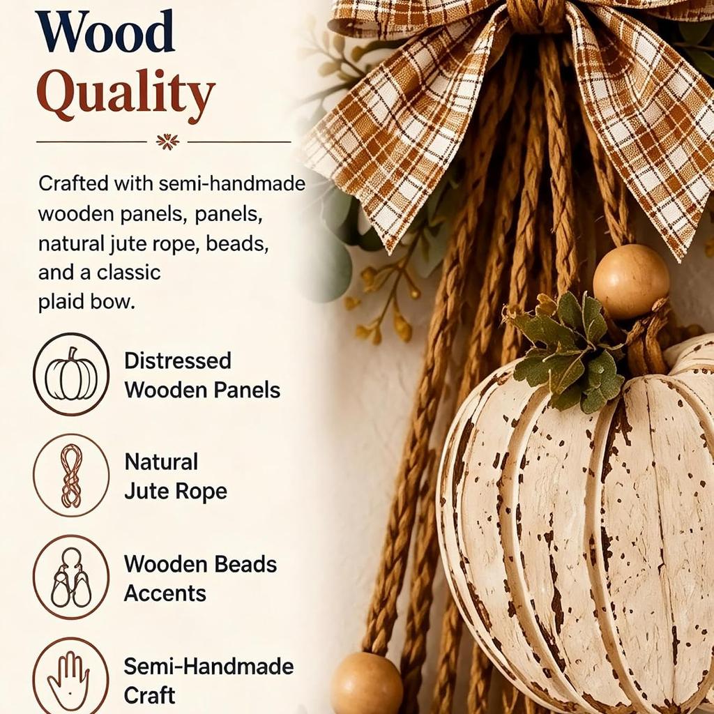 Rustic White Pumpkin Hanging Swag Fall Wall & Door Decor Distressed Wooden Pumpkins with Plaid Bow and Optional Warm LED Lights for Farmhouse Fall
