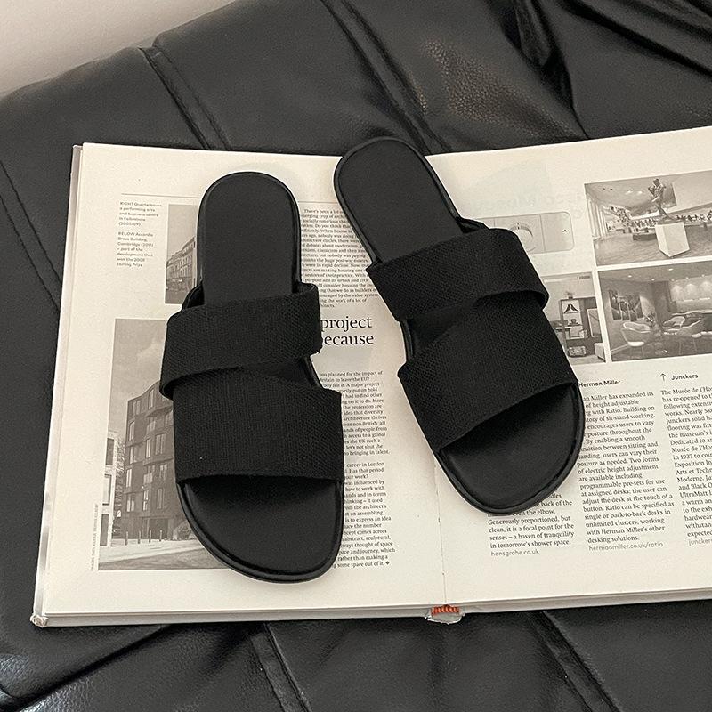 Stylish, simple and versatile linen square-headed open-toed flat-bottomed slippers for women's 2025 summer outdoor wear home beach cool slippers