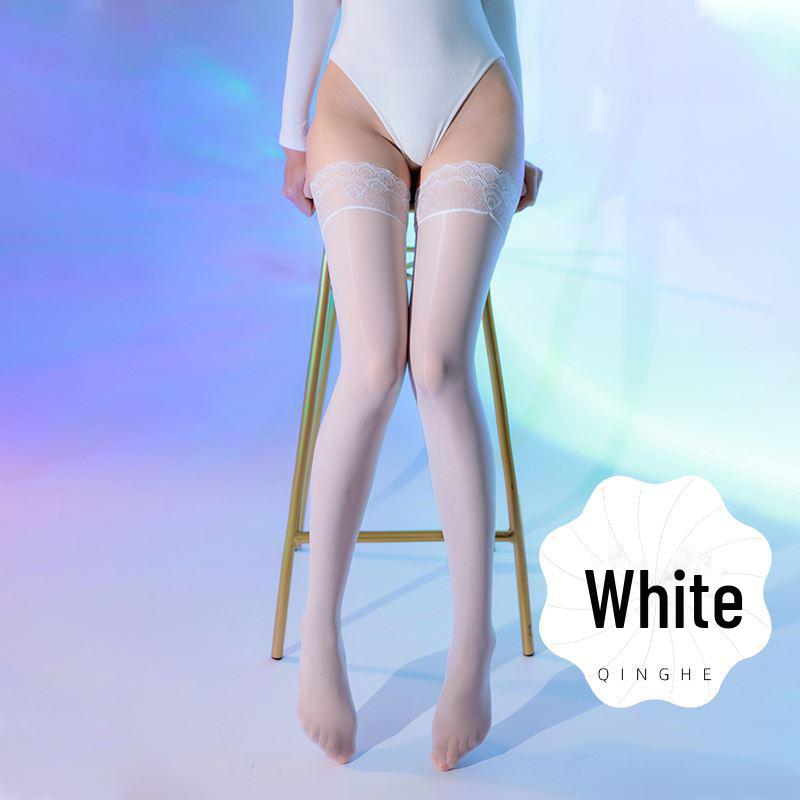 

Блестящие черные кружевные чулки до колена с конским маслом, противоскользящие upgrade, One size 80-160 белый