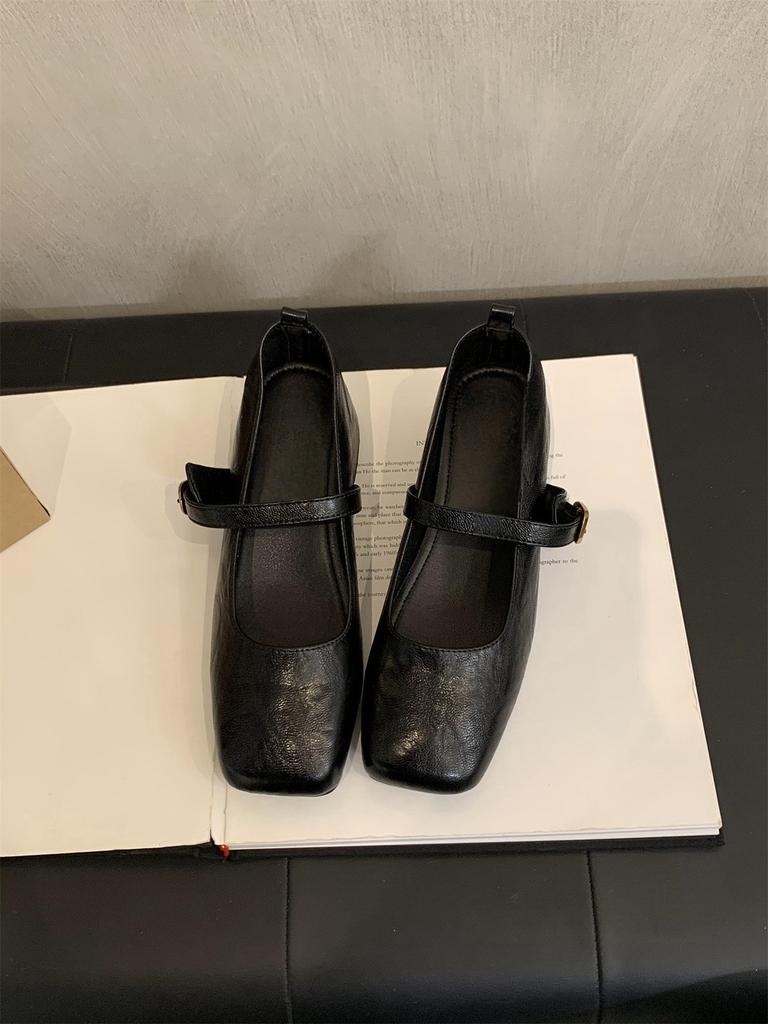 French retro square head light mouth single shoes women's middle heel spring and autumn evening temperament fairy thick heel Mary Jane small leather s