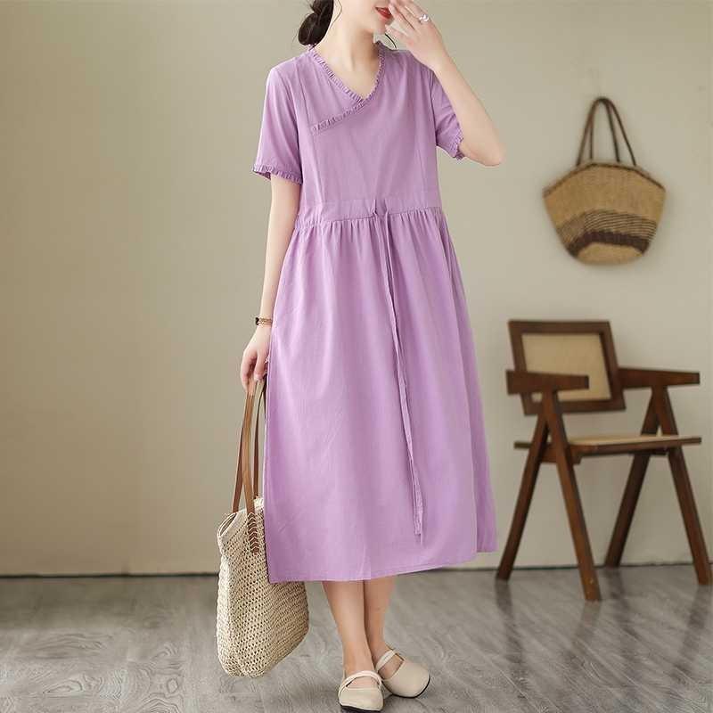 Ethnic Style Wooden Ear Neck Tie Waist Short Sleeve Midi Literary Vintage Dresses