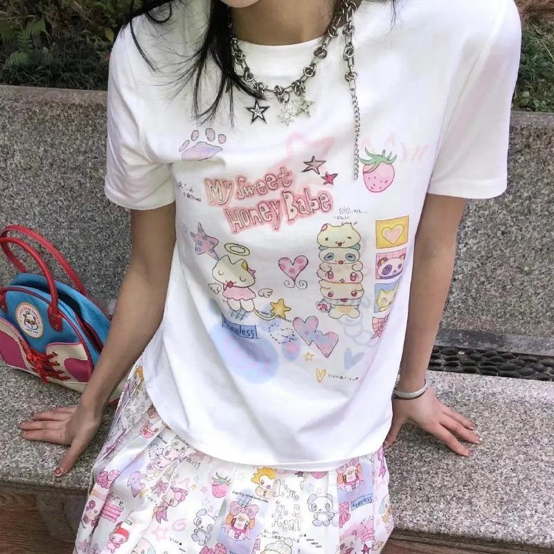 

Y2k Harajuku Kawaii Футболки женские Японская мода Милая уличная одежда Мультяшный принт Свободные футболки Топы Мягкие летние для девушек XL белый
