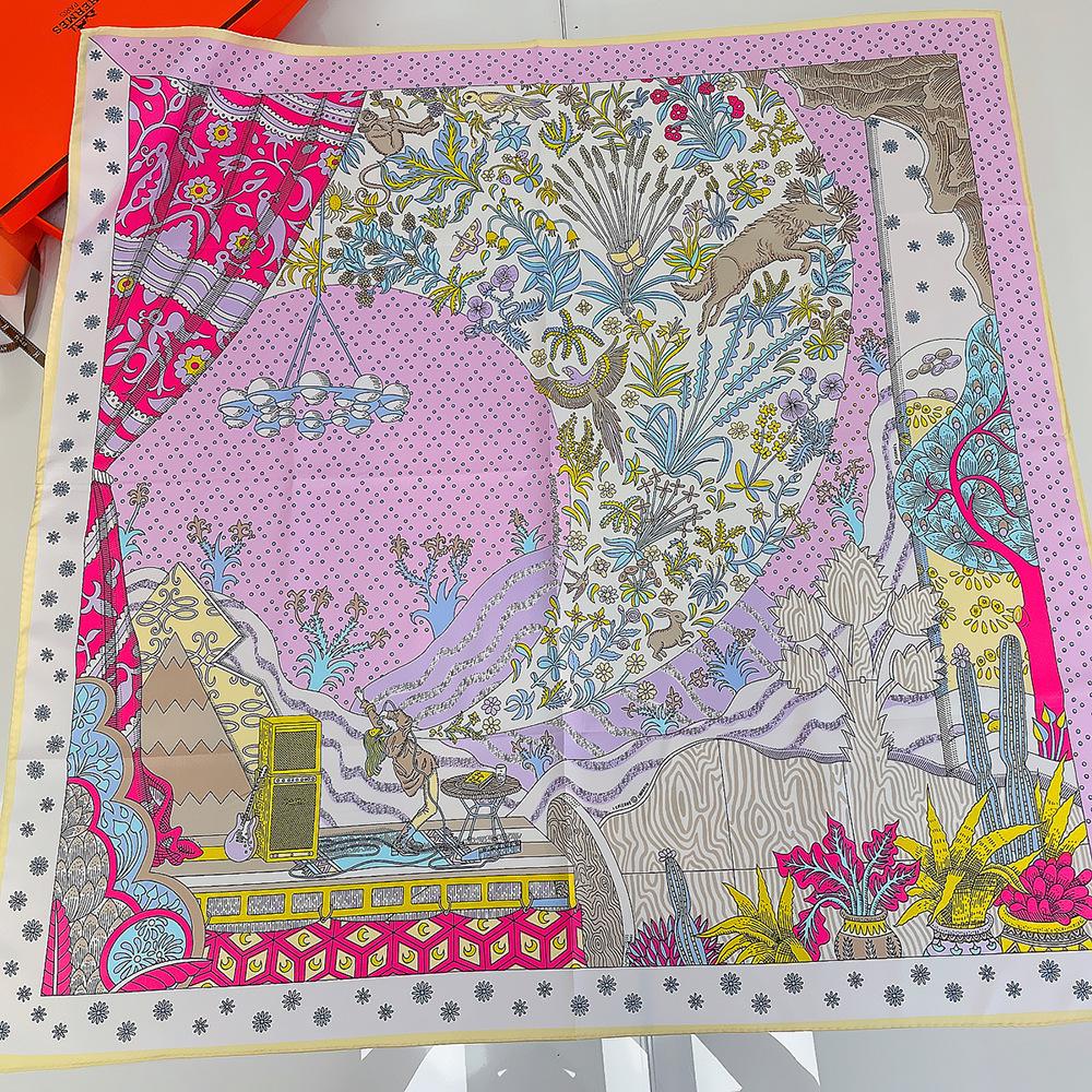 Manual Hand Rolled Twill Silk Scarf Women Concert Print Square Scarves Wraps Echarpes Curled Foulards Femme Bandana Hijabs 90CM