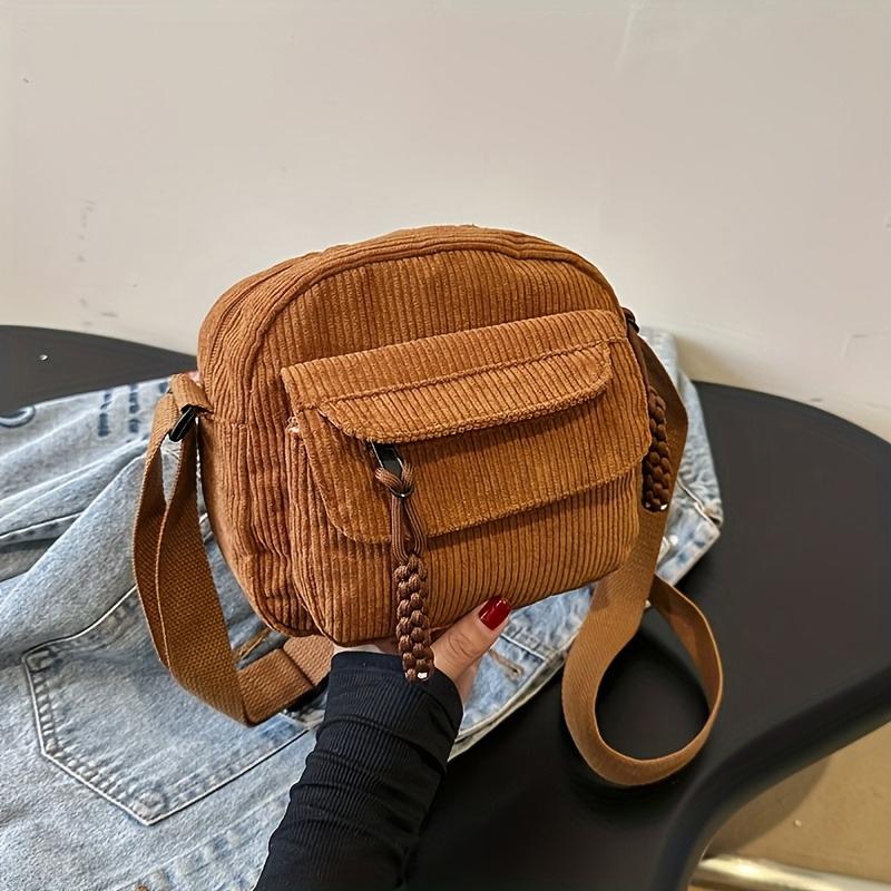 

Beige Corduroy Crossbody Bag Women Casual Harajuku Campus Style Adjustable Strap Multi Pockets Zipper Closure Polyester Lining хакі
