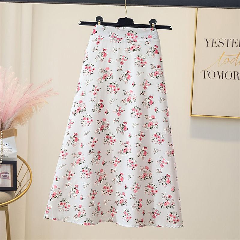 Falda Midi Floral para Mujer en Verano Falda de Cintura Alta en Forma de A Moda Falda de Gasa Versátil