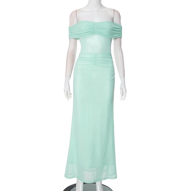 J11DS010 European and American Hot-selling Solid-color Tube Top Off-the-shoulder Mesh Pleated Slim-fitting Long Dress Dress
