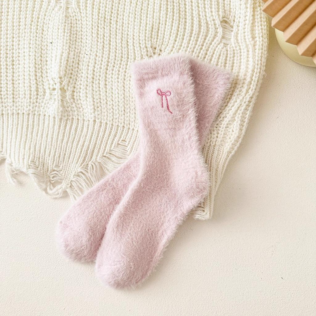 1 Pair Womens Bow Design Socks Coquette Fluffy Thick Thermal Socks for Winter Home Sleeping Soft Long Socks Cold Weather Cute