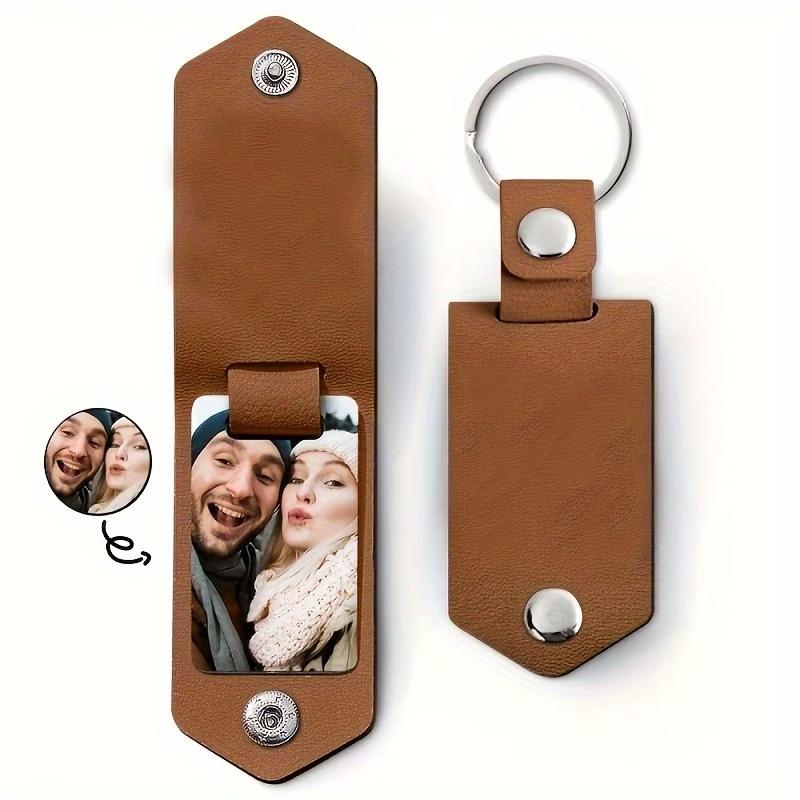 Custom Couple Leather Photo Keychain Personalized Engraving Color Picture Family Photo Memorial Classic Stainless Steel Keychain