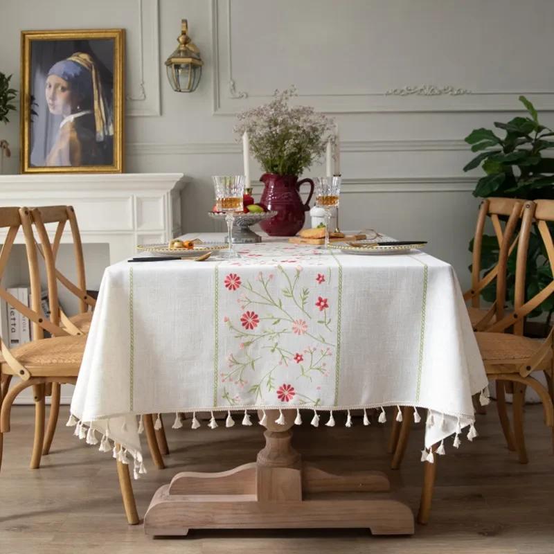 Embroidered Tablecloth Cotton Linen Waterproof Rectangle Table Cover Vintage Leaf Pattern for Kitchen Dining Living Room Decor