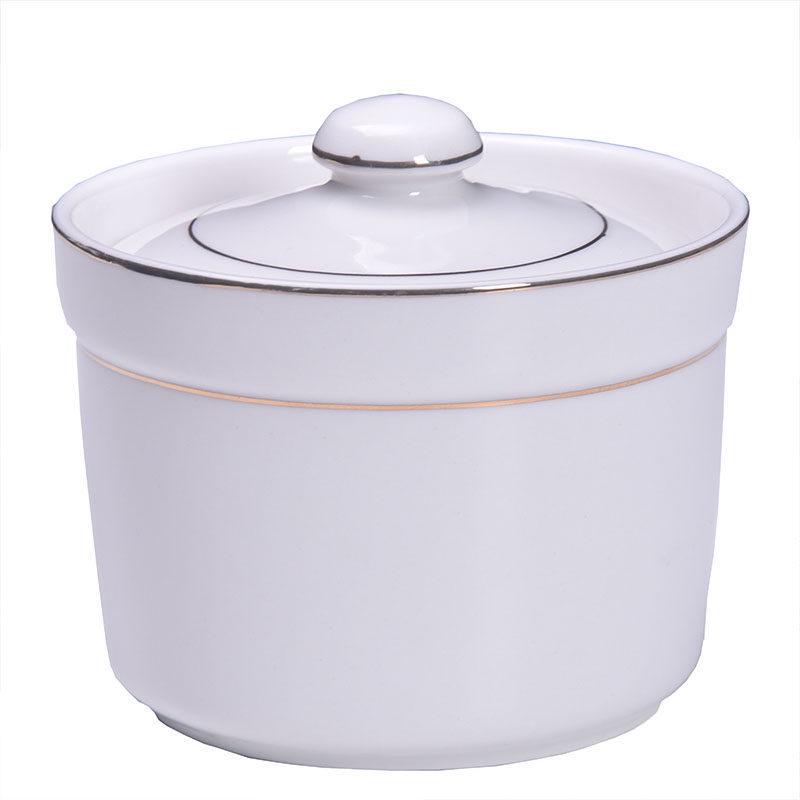 Gold-Trimmed Ceramic Water-Bath Stew Pot with Lid - Includes Egg Steaming and Bird's Nest Bowls, Round Soup Cooker for Home or Hotel Use.