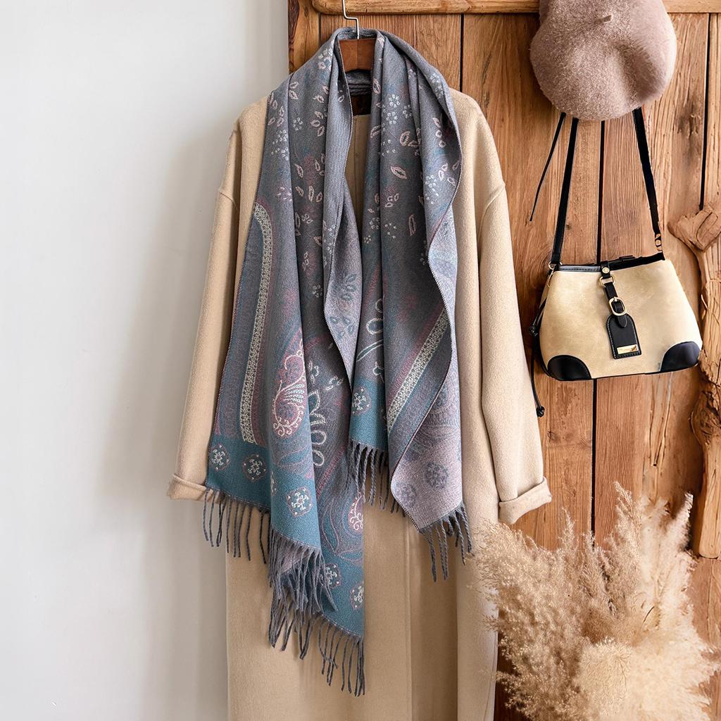 Fashion Women'S Winter Cashmere Shawl - Vintage Floral Printed Tasseled Oil Painting Style Pashmina Thick Wrap & Echarpe