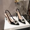 New Summer Women's Sandals Bag Head Back Empty Thin Heel Pointed Head Shallow Mouth Korean Version Fashion Suede Square Buckle Rhinestone High Heels