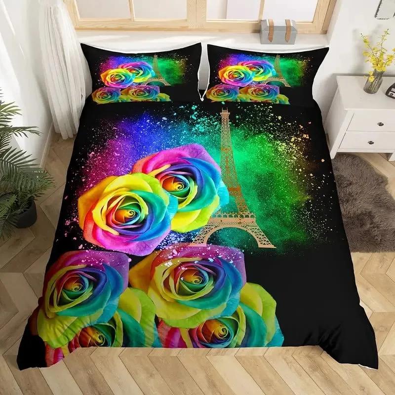 Girls Rainbow Rose Duvet Cover Set Colorful Rose Floral Bright Flowers Petal Comforter Cover Garden Fresh Bedding Sets Full Size