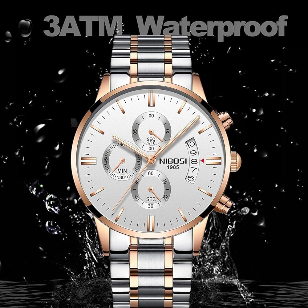 NIBOSI Men's Big Face Chronograph Analog Watch Stainless Steel Casual Date Display