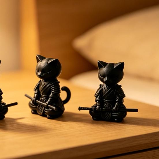 3D-печатная фигурка кота-самурая, держащего длинный меч, статуэтка черного кота, мультяшное животное, украшение для дома и офиса, подарки для любителей кошек