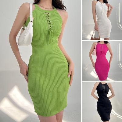 Summer Women Dress Halter Neck Cross Lace-up Strap Off Shoulder Sleeveless Knitted High Elasticity Hollow Out