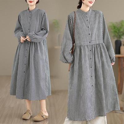 Spring Plaid Linen Dress: Women's Retro Long Sleeve Design Skirt