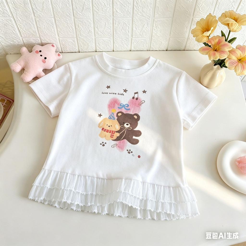 Girls Summer Short Sleeve T Shirt with Cute Bear Print and Lace Trim