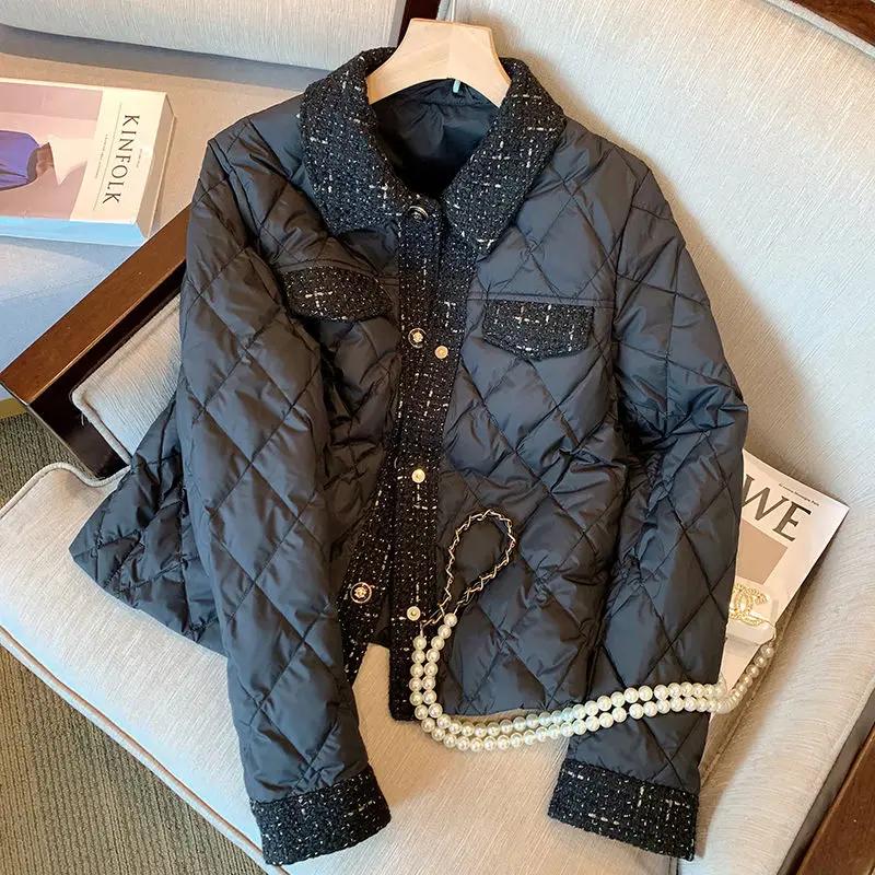 WTEMPO Women's Turn Down Collar Black Parkas Loose Vintage Quilted Jackets Lightweight Ladies Puffer Outwear Chic Padded Coat