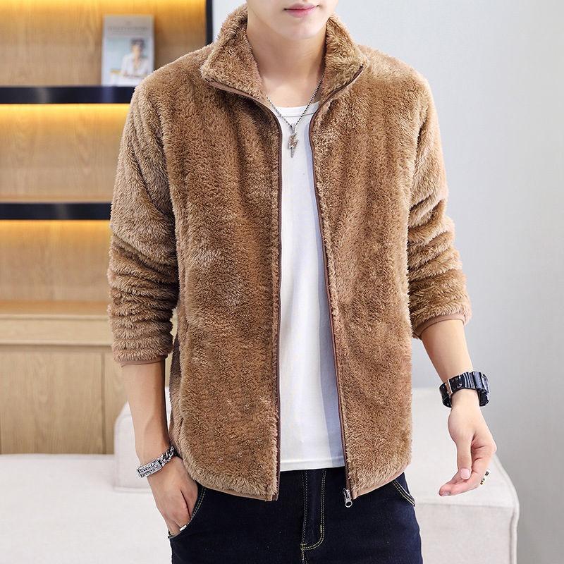 Jacket Men's Loose Autumn Winter Clothing Youth Stand-up Collar Double-sided Velvet Jacket Solid Color Polar Fleece Top