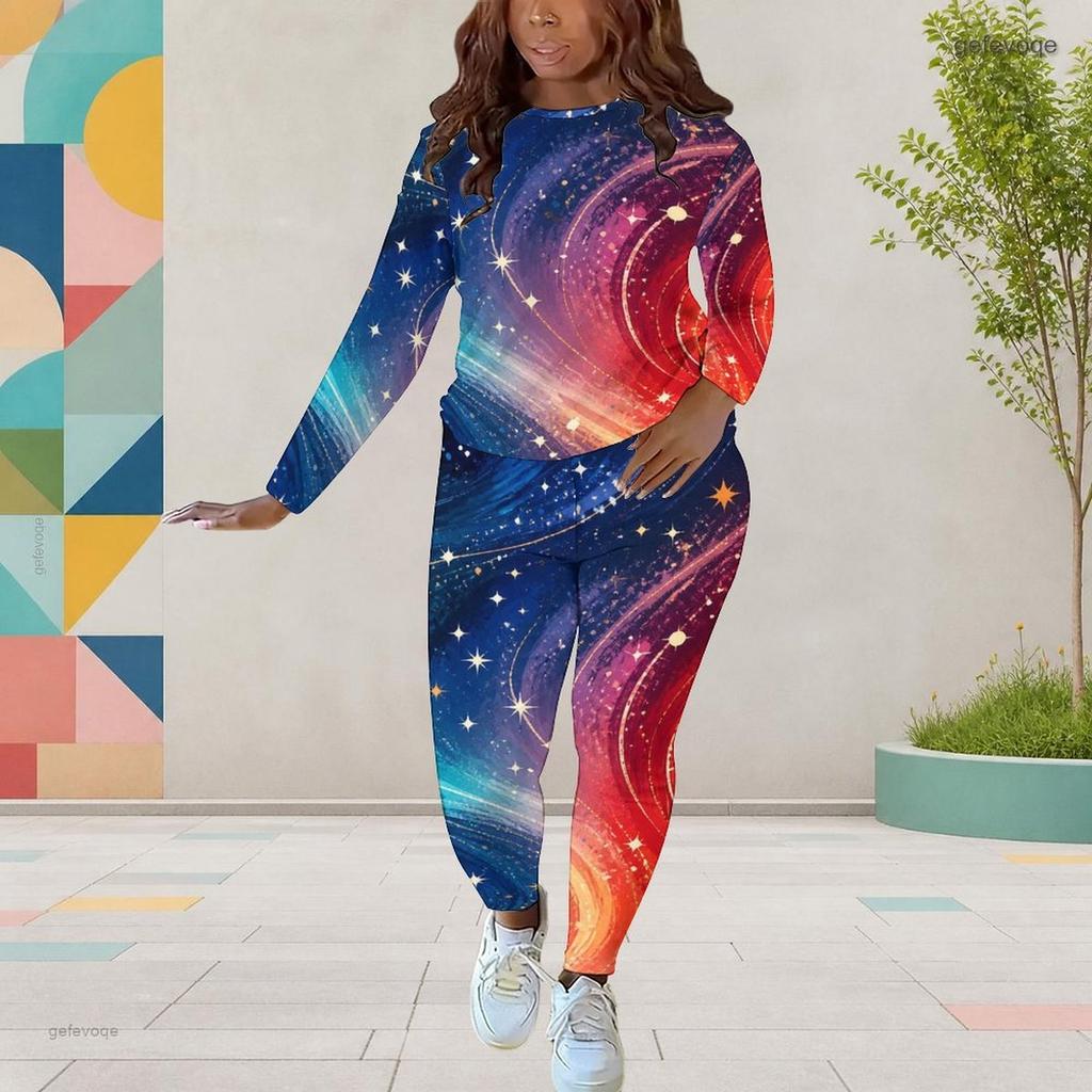 Women Plus Size Round Neck Long Sleeve Printed Top And Fitted Pants Two Piece Set