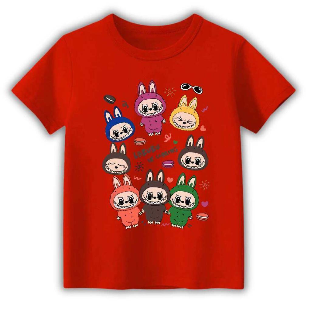 2025 New Children's T-shirt Cartoon Style Multiple LABUBU Printed Round Neck Short Sleeve Casual Girls' Top