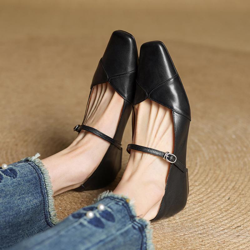 New Comfortable Beef Tendon Small Leather Shoes Low Heel One Pedal Four Seasons Wear Fashion Single Shoes Leather Large Size Shoes Flat Heel Square 