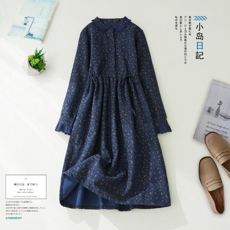 

2025 весна и осень новое бархатное платье с принтом, женское повседневное свободное платье с небольшим цветочным принтом на талии и шнуровкой Large size L синий