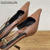 Fashion SUOJIALUN Spring New Brand Women Sandal Fashion Pointed Toe Shallow Slip On Slingback Shoes Thin High Heel Outdoor Dress Pumps