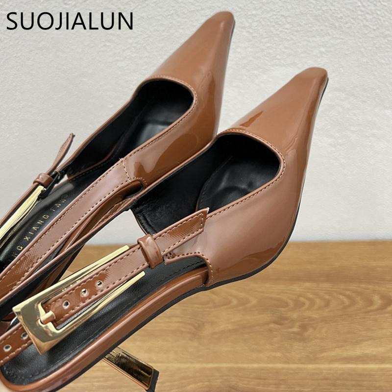 Fashion SUOJIALUN Spring New Brand Women Sandal Fashion Pointed Toe Shallow Slip On Slingback Shoes Thin High Heel Outdoor Dress Pumps
