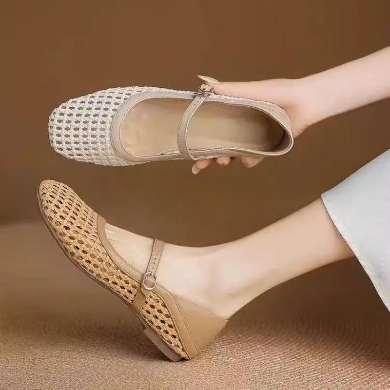 2025 Summer New Crystal Flats Shoes Women Square Toe Mary Jane Shoes Genuine Leather Hollow Outs Mules Runway Ballet Shoes Woman