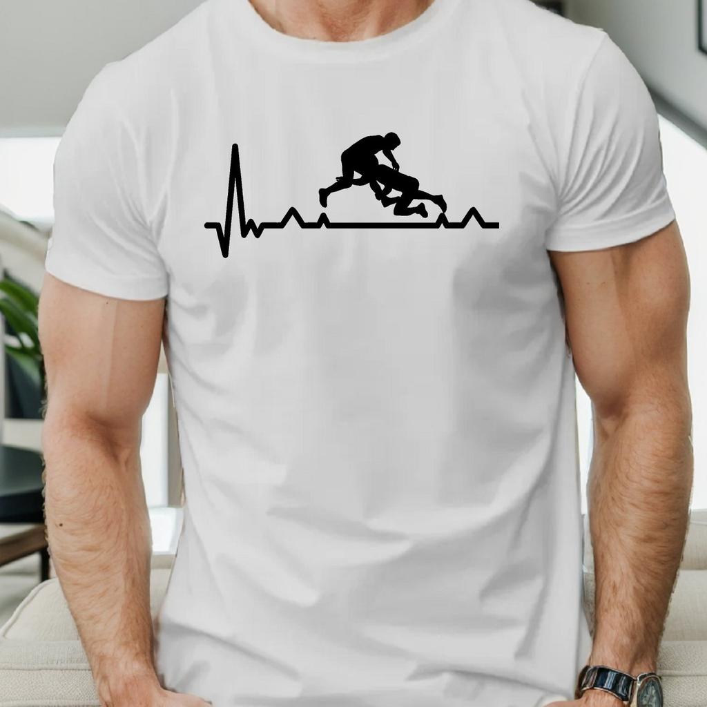 Wrestling Heartbeat ECG Graphic Tee Mens Short Sleeve Cotton TShirt Casual Summer