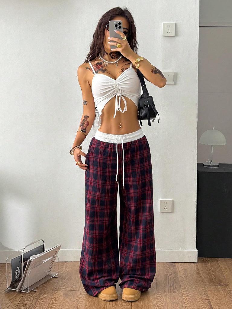 Plaid Patchwork High Waist Casual Sports Pants - Loose Lazy Style Straight Leg