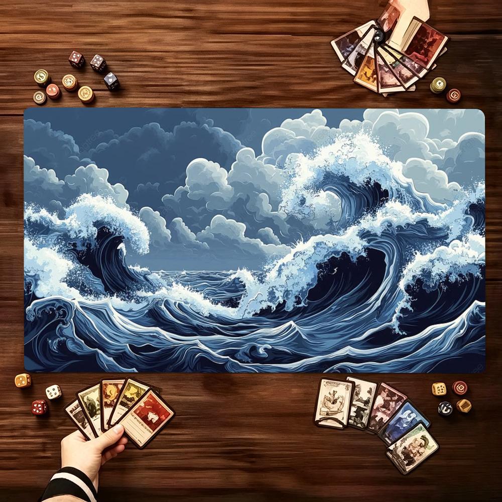 Moonlit Ocean Waves Pattern Game Playmat Non Slip Rubber Smooth Extended Table Mat For Trading Card Game Board Game Enthusiasts